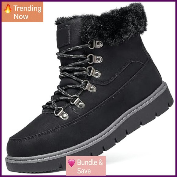 Women's Winter Ankle Boots Fur Lined Non Slip Hiking Snow Boots Zipper - Picture 2 of 8